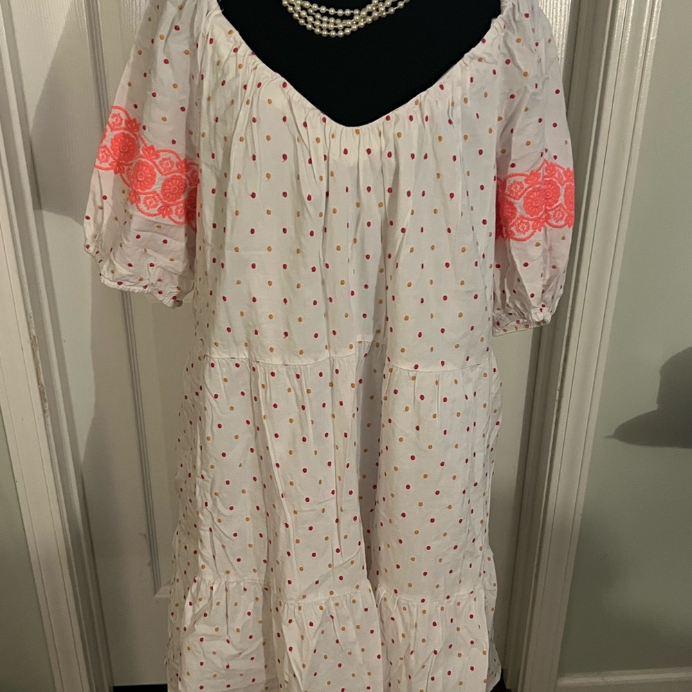 LOFT White Knee-Length Dress with Orange Pink Yellow Dots, Lace Accents NWOT XL